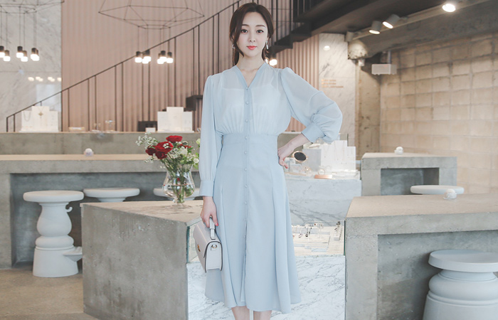 V-neck Bean Button Chiffon Flared Dress