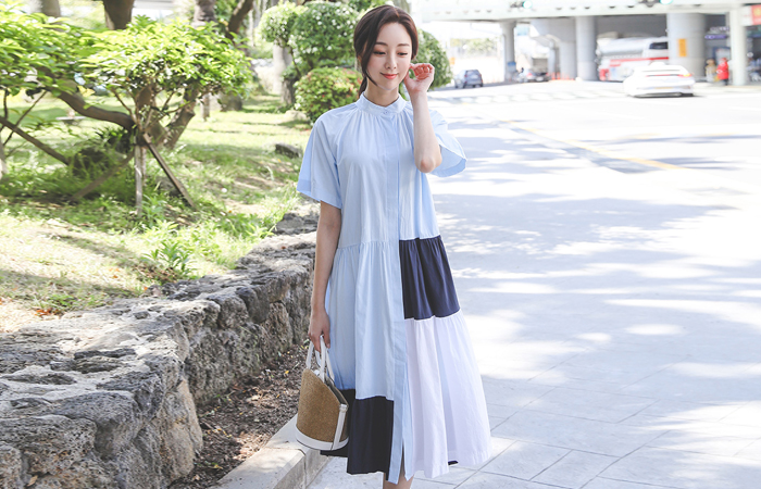 Lovely Block Color Combination Gather Shirt Dress