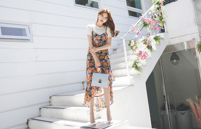 Bouquet Unbalance Ruffle Bustier Chiffon Dress