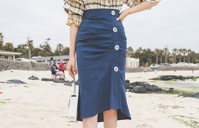 Gather Shirring Shell Button Span Skirt