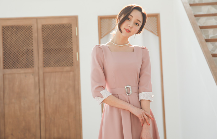 Cubic Belted Square Neck Flared Dress