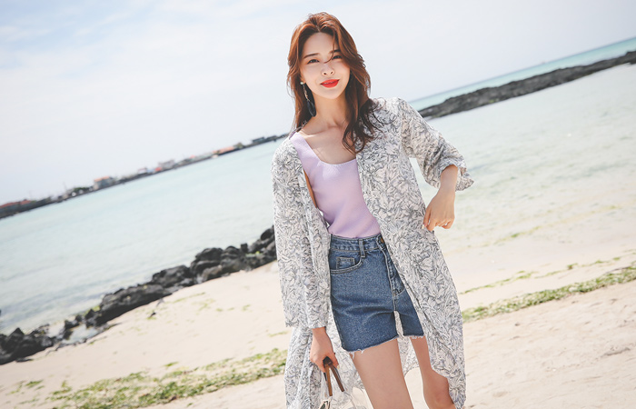 Botanical Strap Belt Cotton Robe Cardigan