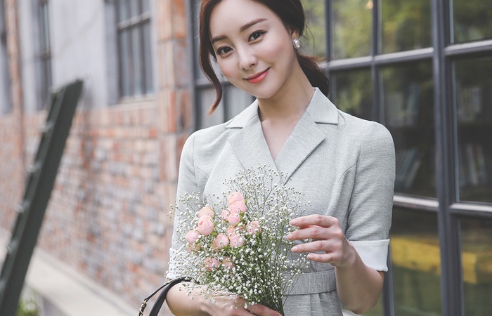 Silver Square Belt Collar Flared Dress(short sleeves)