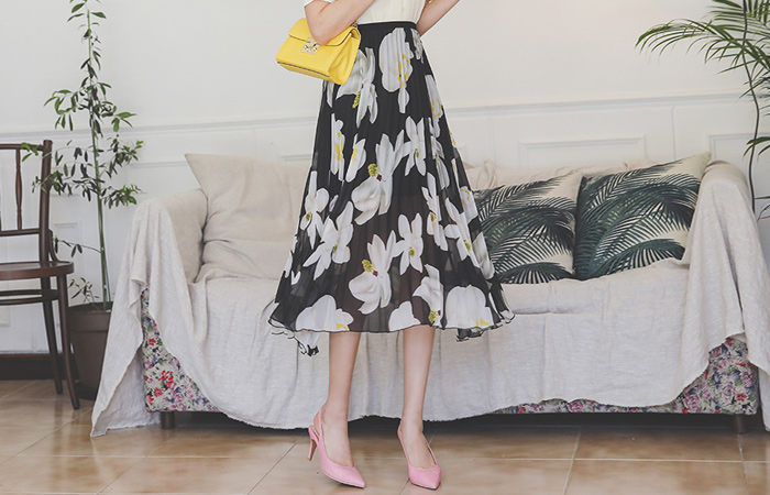 Pleats Flower Printing Banding Long Skirt