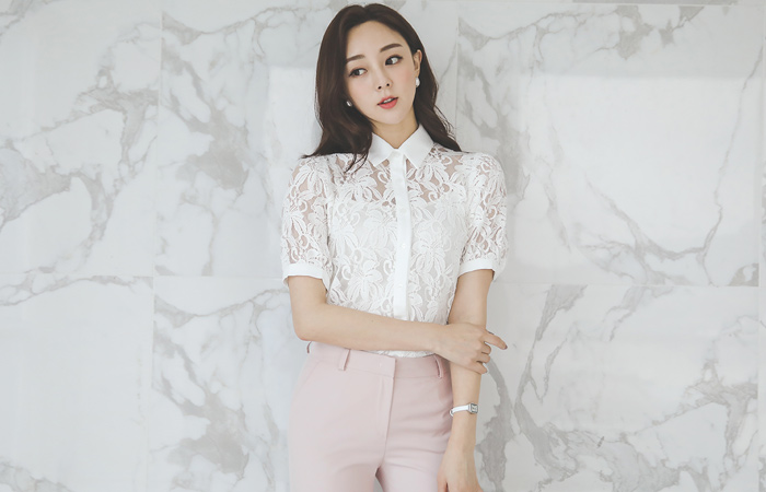 Flower Lace Cotton Short Sleeves Blouse