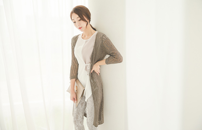 See-through look Corrugated 7 Part Long Cardigan