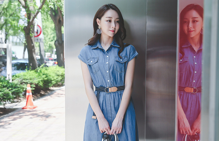 Basic Belt Denim Long one piece