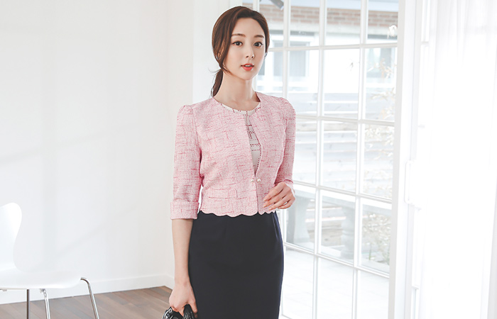 Imitation Pearl Wave Bolero Linen Tweed Jacket