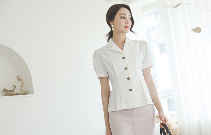 Puff Antique-Buttons Pintuck Span Linen Jacket