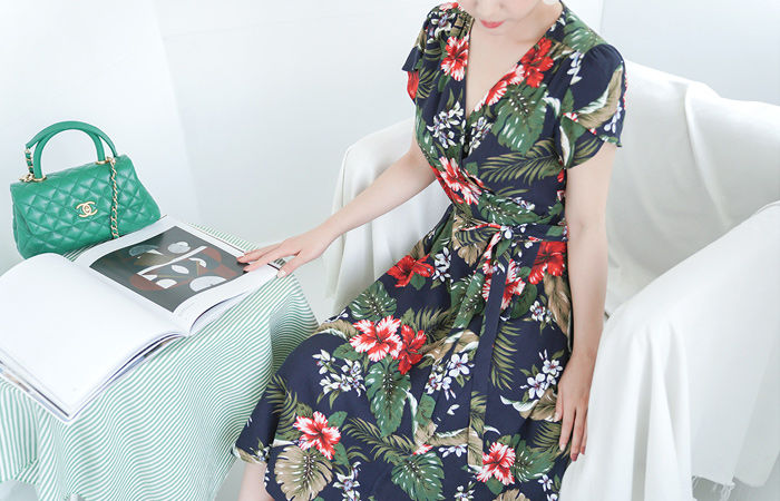 Botanical Linen Wrap Flare Dress