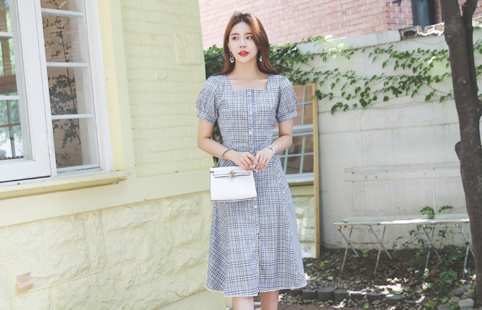 Square Neck Cubic-Ball Embroidery Trimming Check Dress