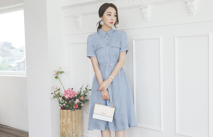 Satin Collar Shirt Belted Flared Dress