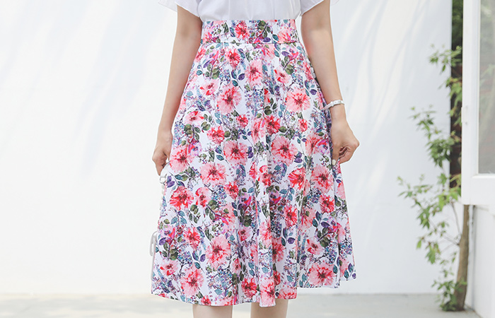 Dahlia Flower Cotton Flared Skirt