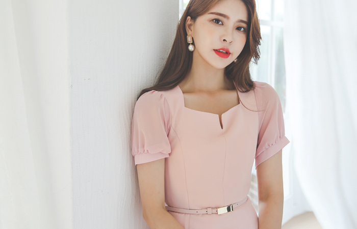 Slit Square Neck Chiffon Sleeves Dress