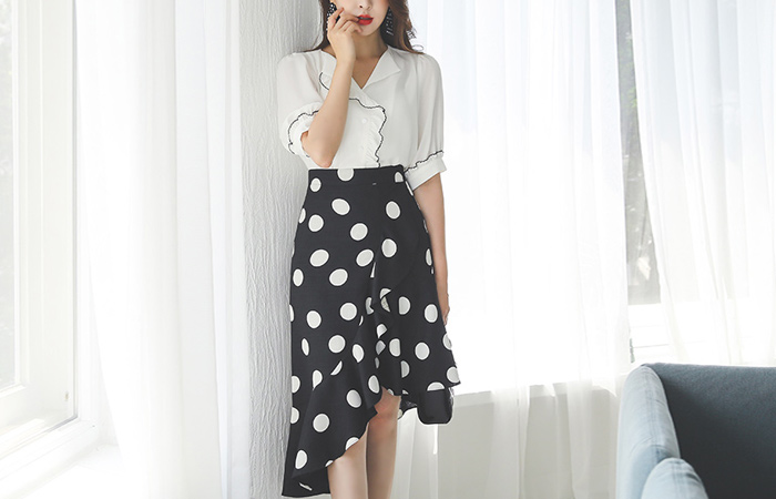 Dot Unbalance Ruffle Linen Skirt
