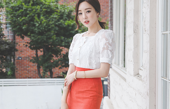 Square Neck Rose Pearl Organza Blouse