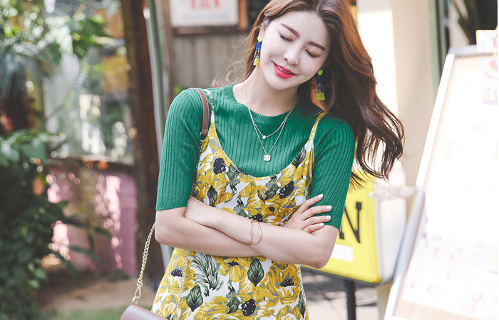 Big Flower Shirring Bustier Slit Long Dress