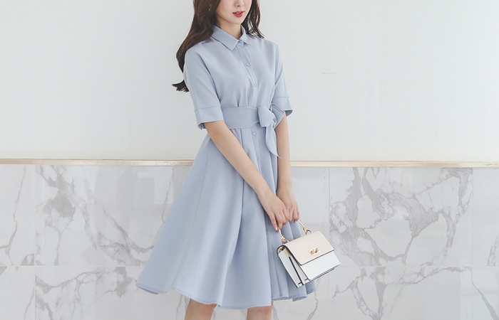 Feminine Shirt Flared Dress(Strap Belt) Ⅱ