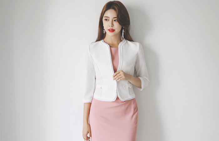 Summer Tweed Chiffon Trimming Pearl Pocket Shot Jacket