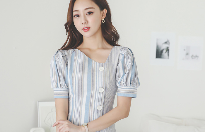 multi Stripe Unbalance V-neck Button Dress