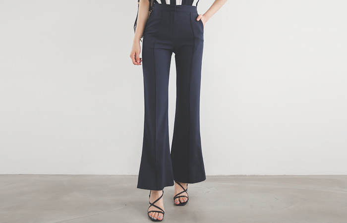 Pintuck High-Waist Semi- Boot-Cut Slacks
