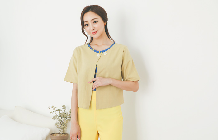 Two-way Button Round Short Sleeves Open Jacket
