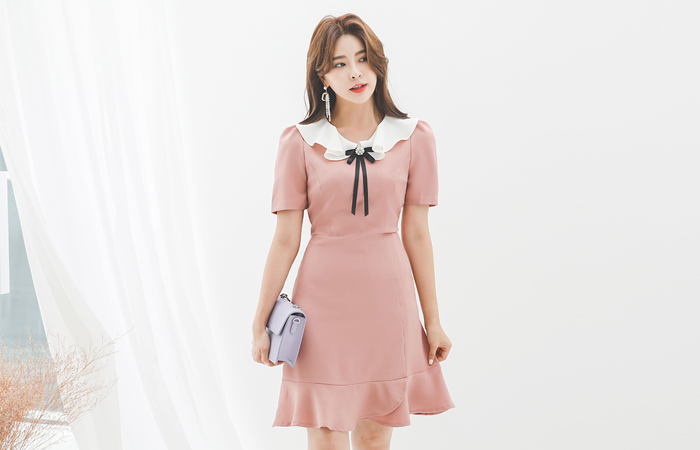 Flounce Collar Ribbon Brooch Flared Dress