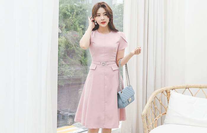 Flap Pocket Tulip Sleeves Flared Cutting Dress