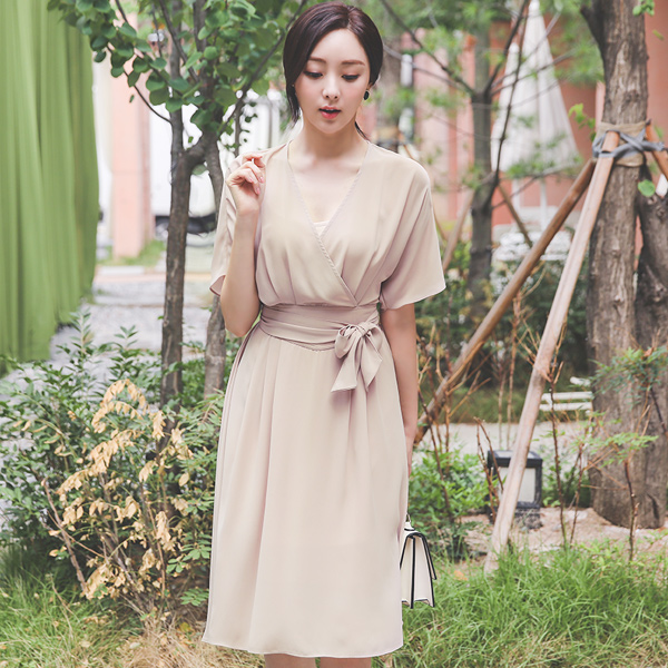 Pure Chiffon Belted Wrap-Flare Dress