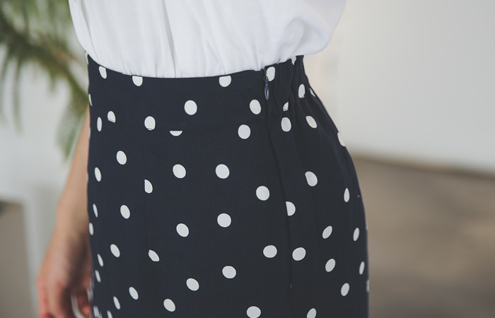 Retro Dot Back Banding Linen Midiskirt