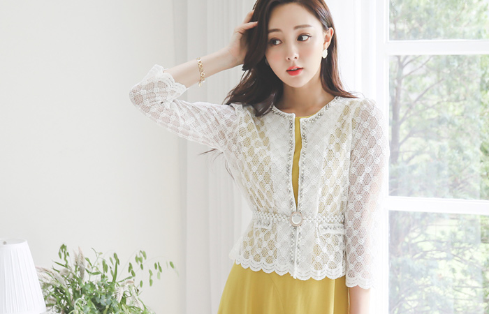 Wave Cutting Beads Lace Embroidery Cardigan