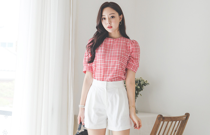 Puff Rounding Check Blouse