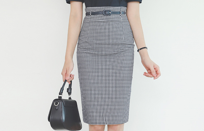 Gingham-Check H-line Belted Skirt