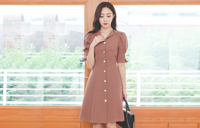 Jewelry Button Puff Back Ribbon Flared Dress