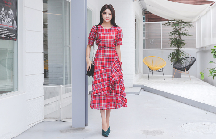 Unbal-Ruffle A-line Tartan Check Long Dress