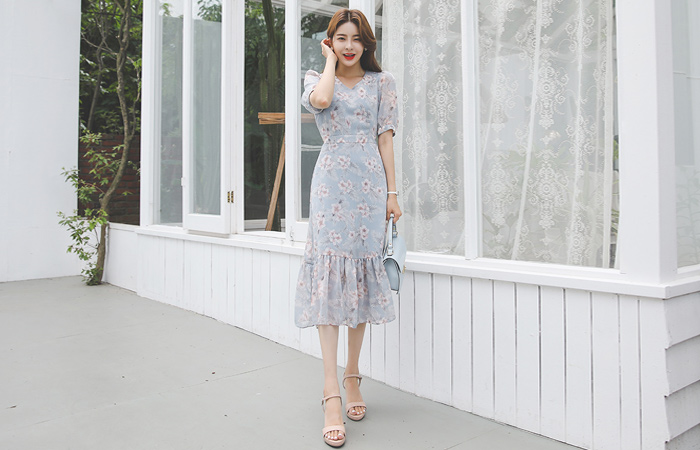 Botanical Floral Chiffon Ruffle Dress