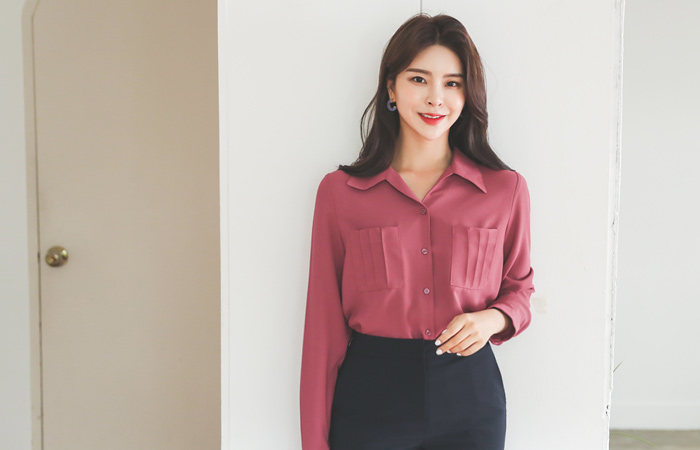 Pocket Pintuck Back-Shirring Open-Collar Blouse