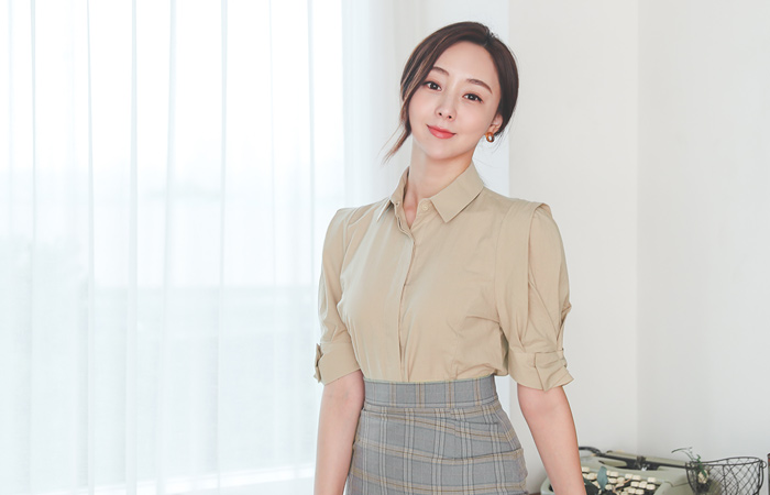 Ribbon Puff Cotton Shirt Blouse