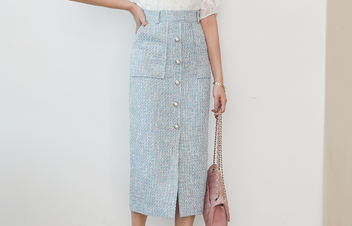 Coco Pastel Tweed Pearl Buttons Rong Skirt