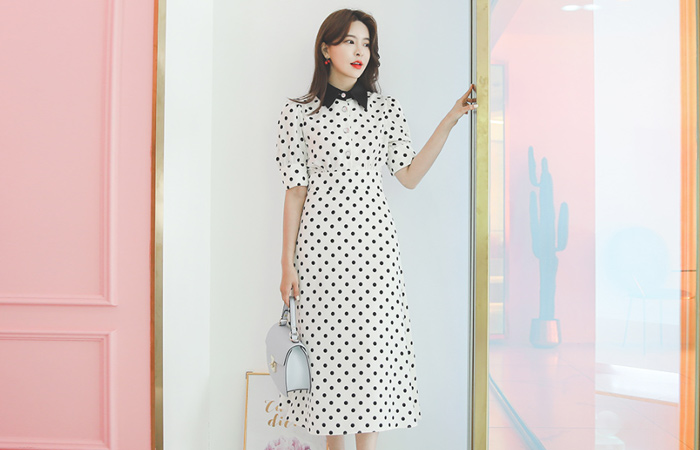 Satin-Collar Jewelry- Button Dot Long Dress