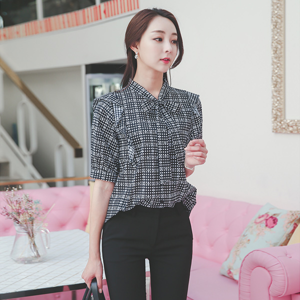 Mix Gingham Ribbon Tie Blouse