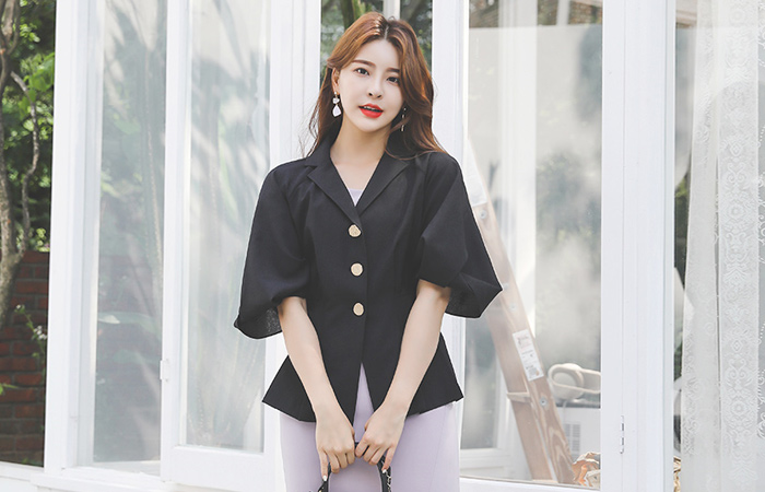 Balloon Sleeves Lettering Gold Button Pintuck Jacket