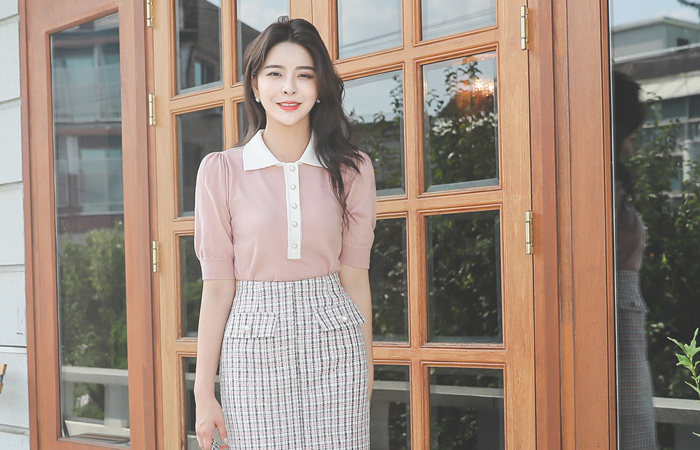 Collar Color matching Pearl Puff Knit Tower