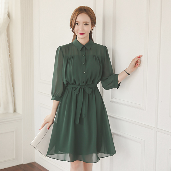 Shearing Chiffon Ribbon Belt Flare Dress