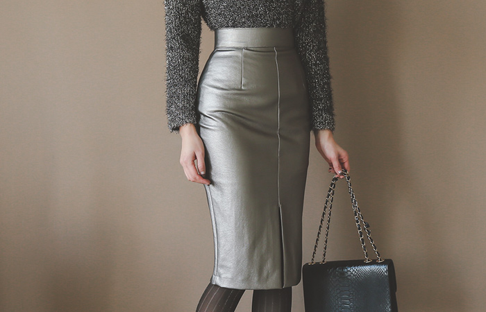 high waist slit leather Skirt