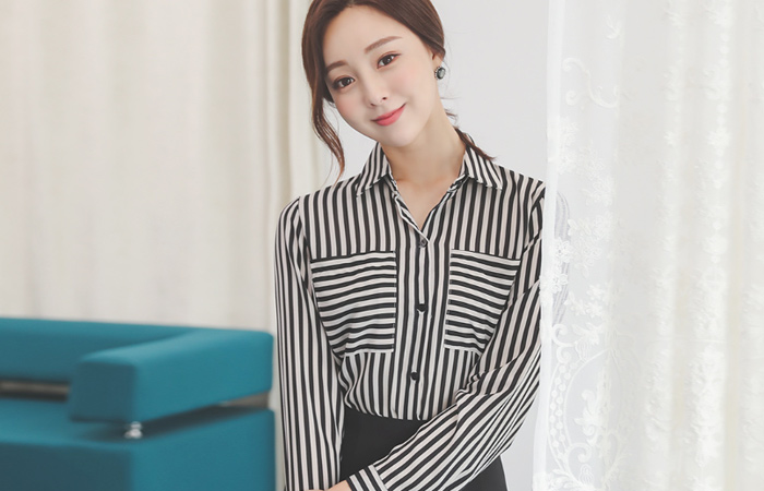 Stripe Pocket Collar Shirt Blouse
