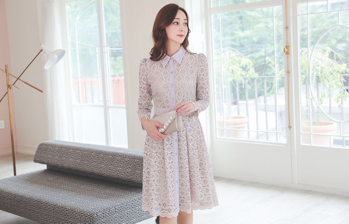 Romantic Color Combination Lace Belted Flared Dress