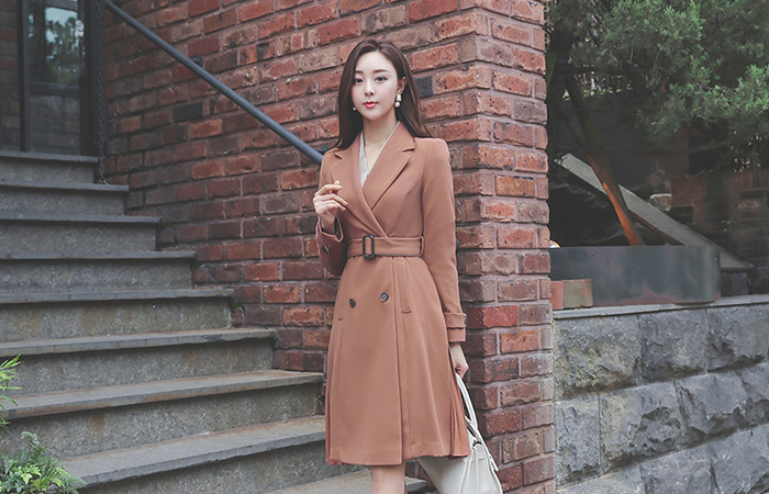 Lady Belted Side Pleats A-line Coat