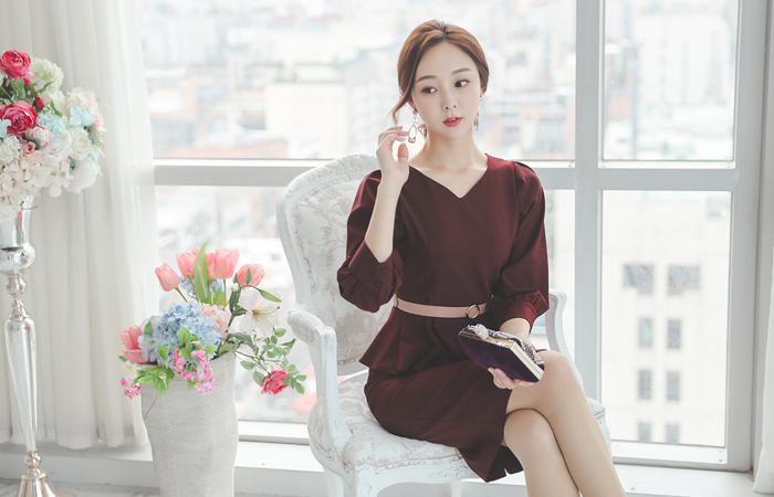 Puff Peplum Belted Two-piece SET