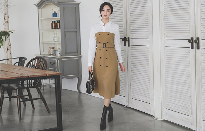 Color Combination Collar Shirt Belted Trench Dress